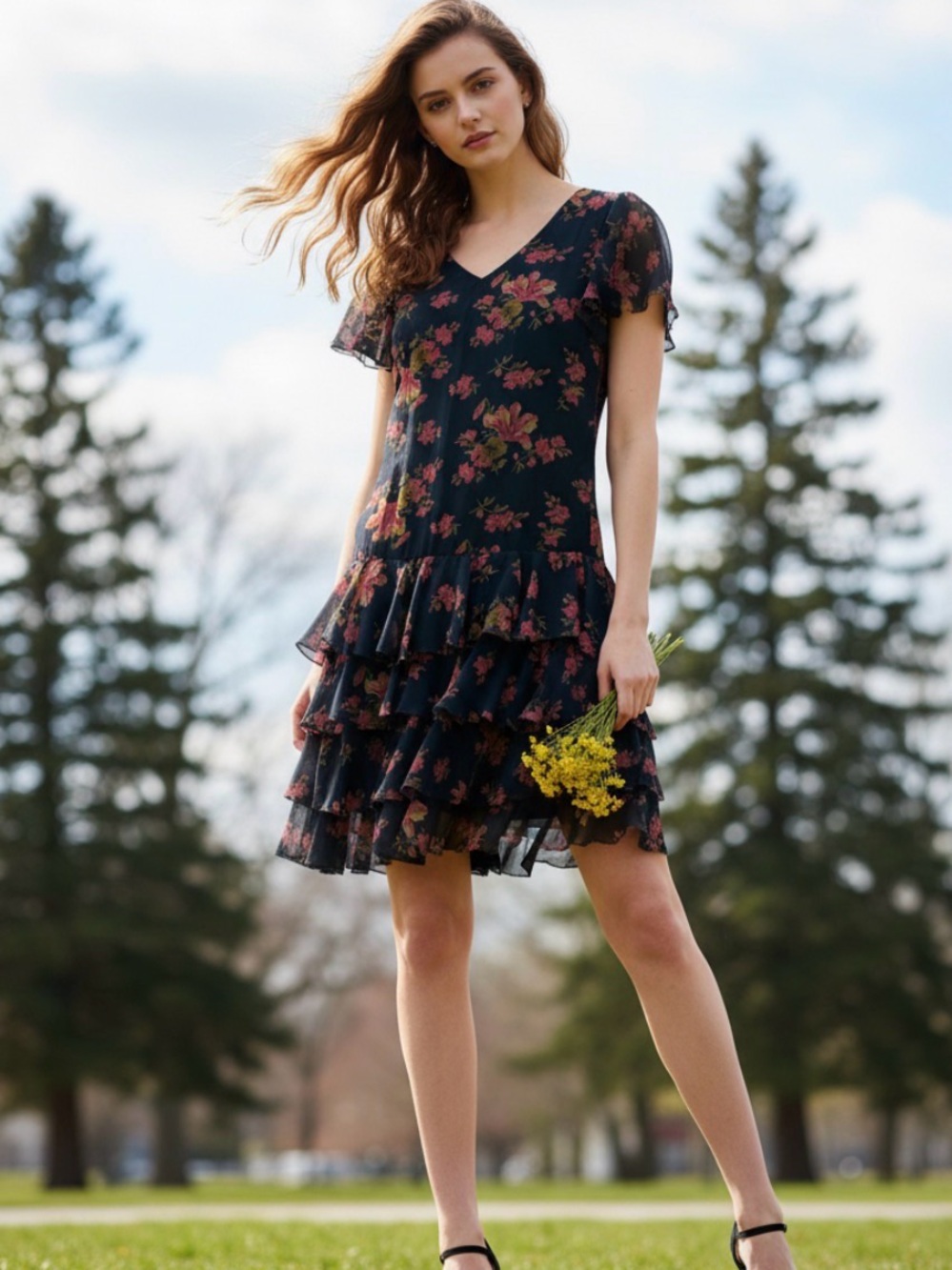 Polo by Ralph Lauren Navy Floral Tiered V‑Neck Ruffle Dress Sz 6